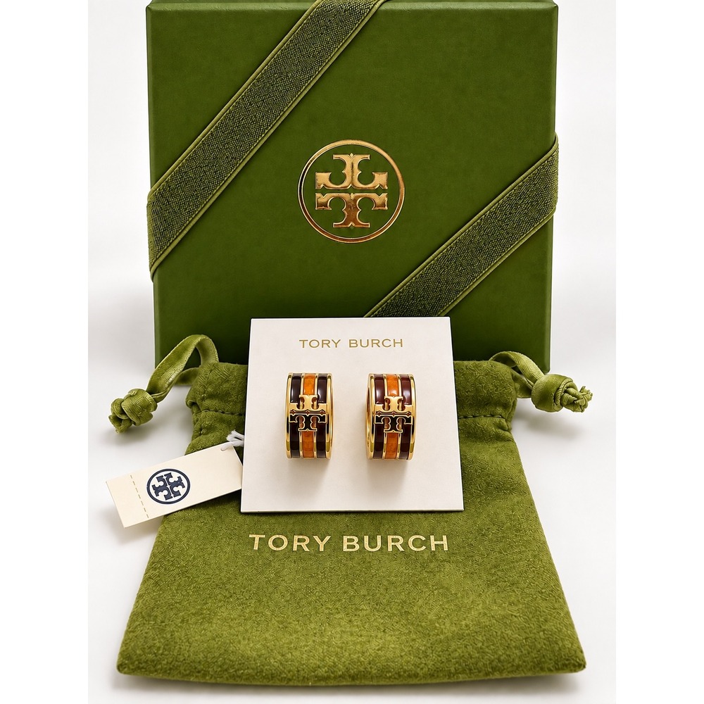 Tory Burch Double T Enamel Huggie Hoop Earrings / Gift Ready w/ Box & Dustbag